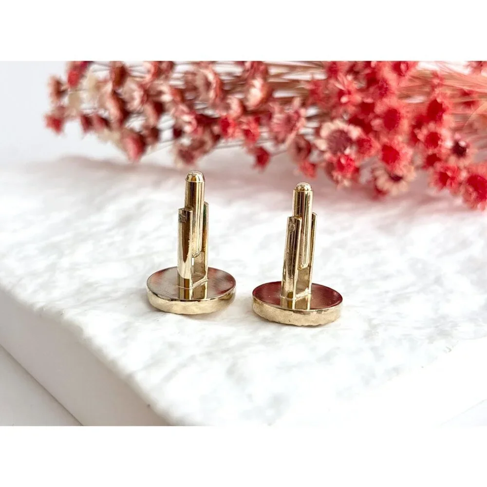 Knurled Textured 80's Style Retro Gold Toned Round Vintage Cuff Links